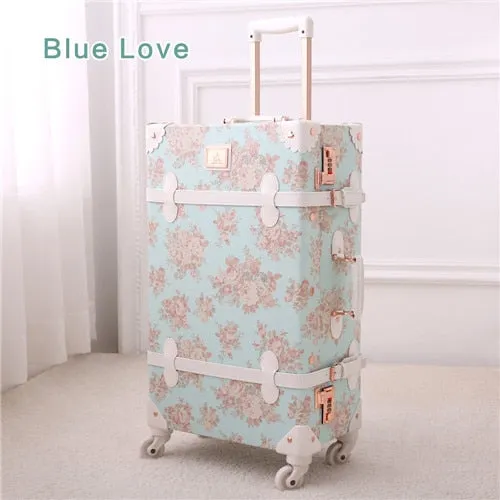 13" 20" 22" 24" 26" Girl Vintage Blue Floral Travel Trolley Luggage Suitcase, Women Retro Travel