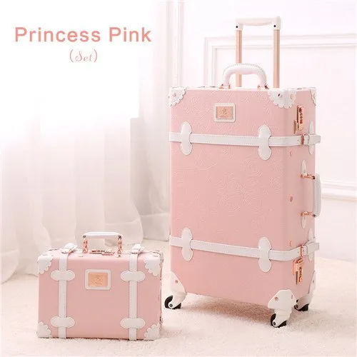 20" - 26" Spinner Wheels Retro Pink Pu Leather Embossed Suitcase Women Trunk Vintage Luggages