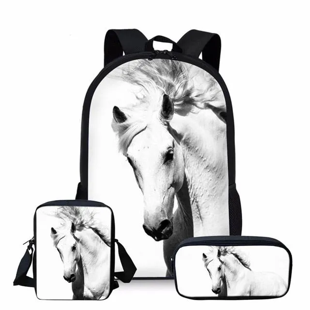 3PCS/SET 3d Crazy Horse Print School Backpack Set for Teenager Girls Boys Cool High School Children Kids Bagpack Child Bookbags