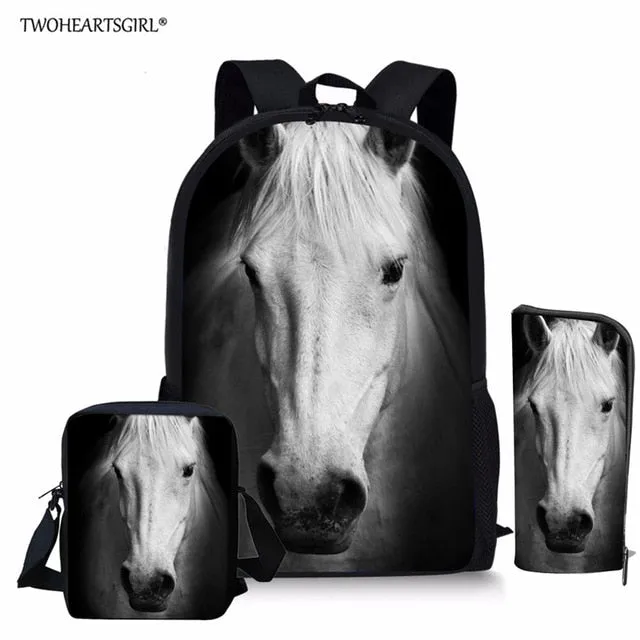 3PCS/SET 3d Crazy Horse Print School Backpack Set for Teenager Girls Boys Cool High School Children Kids Bagpack Child Bookbags