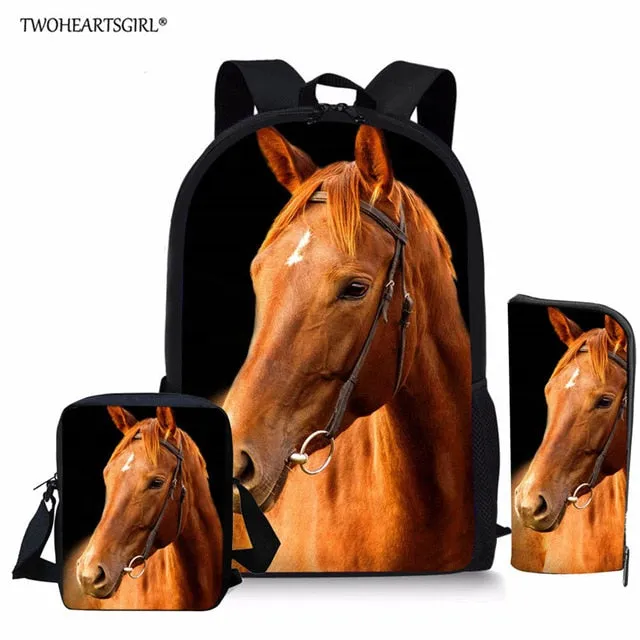 3PCS/SET 3d Crazy Horse Print School Backpack Set for Teenager Girls Boys Cool High School Children Kids Bagpack Child Bookbags