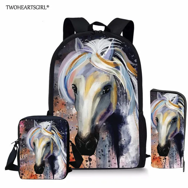 3PCS/SET 3d Crazy Horse Print School Backpack Set for Teenager Girls Boys Cool High School Children Kids Bagpack Child Bookbags