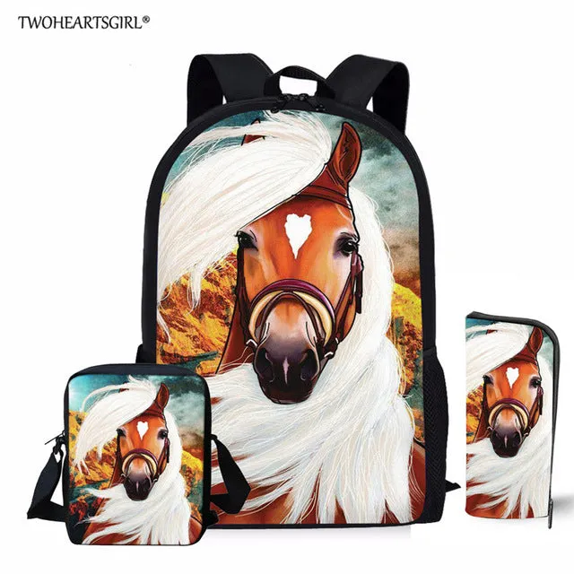 3PCS/SET 3d Crazy Horse Print School Backpack Set for Teenager Girls Boys Cool High School Children Kids Bagpack Child Bookbags