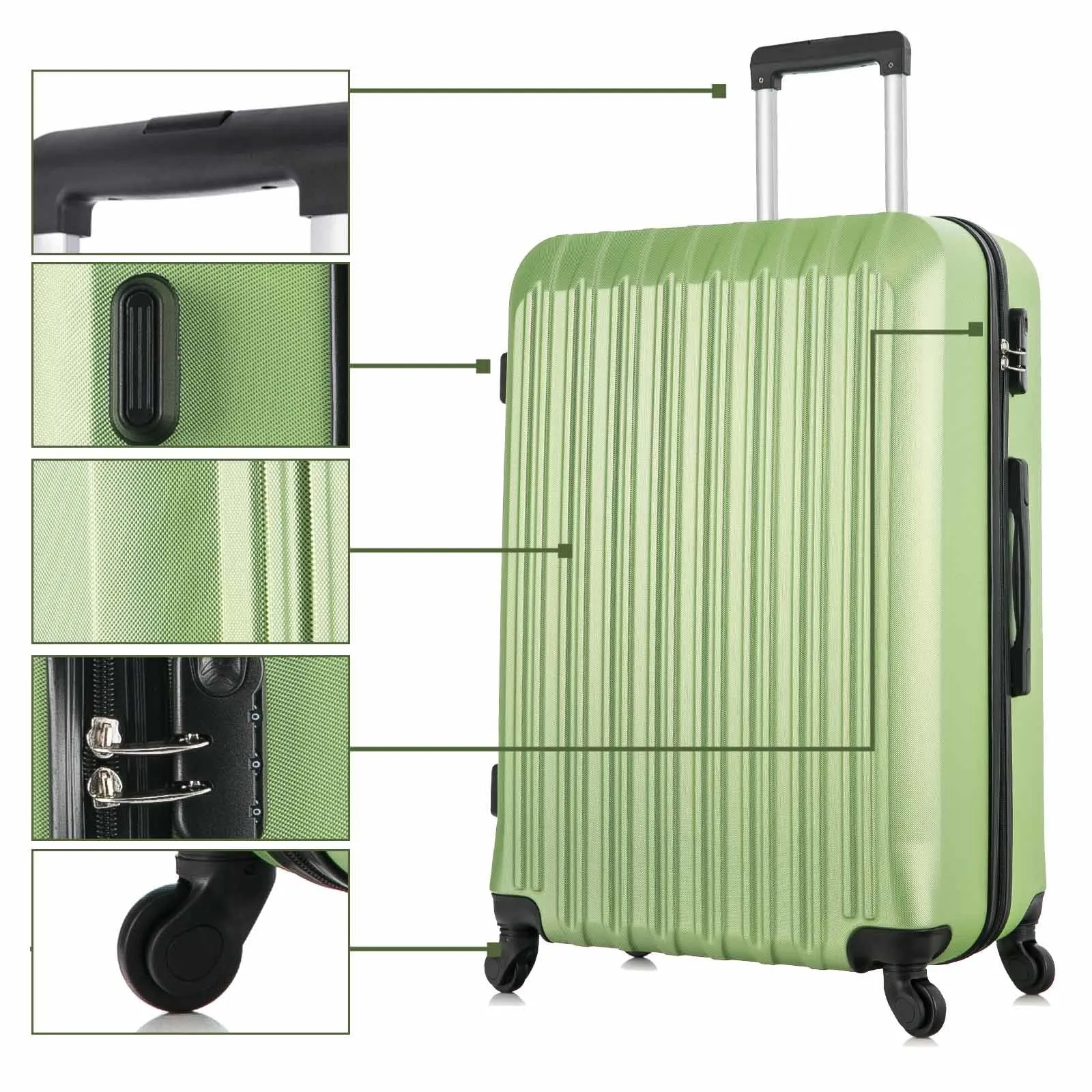 4 Piece Set Luggage Sets Suitcase ABS Hardshell Lightweight Spinner Wheels Green