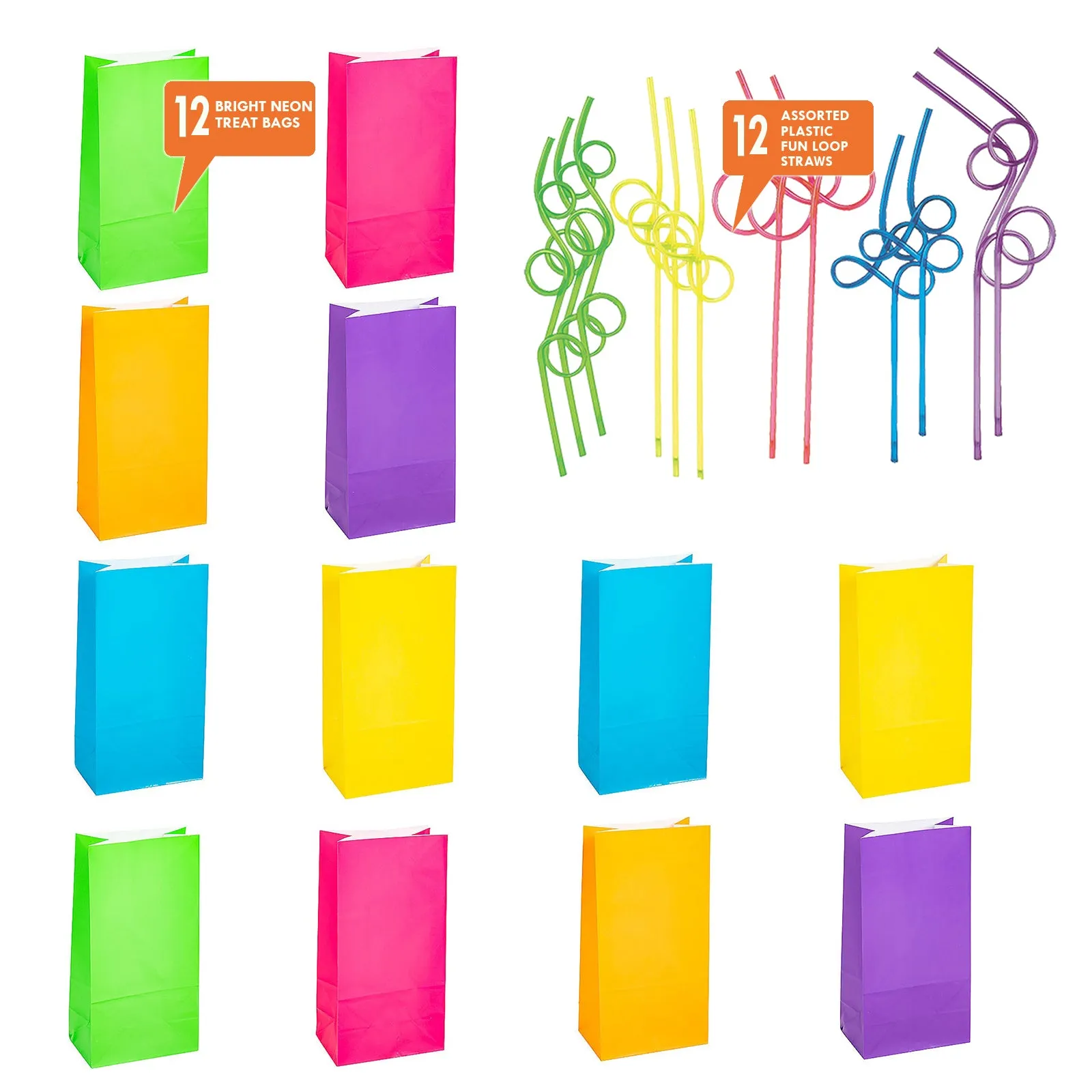 80's and 90's Party Supplies - Neon Treat Bags with Fun Loop Straws for 12 Guests