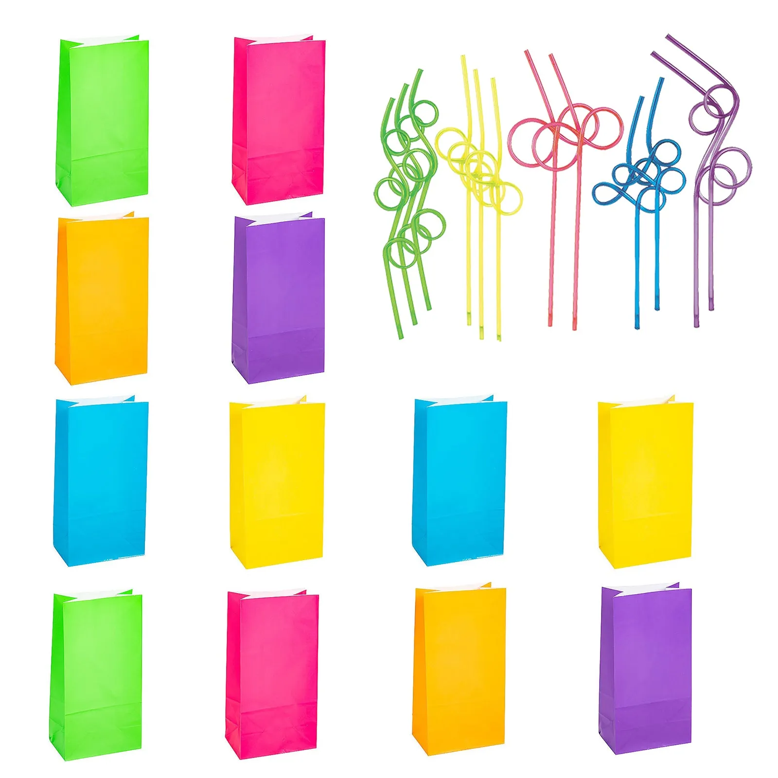 80's and 90's Party Supplies - Neon Treat Bags with Fun Loop Straws for 12 Guests