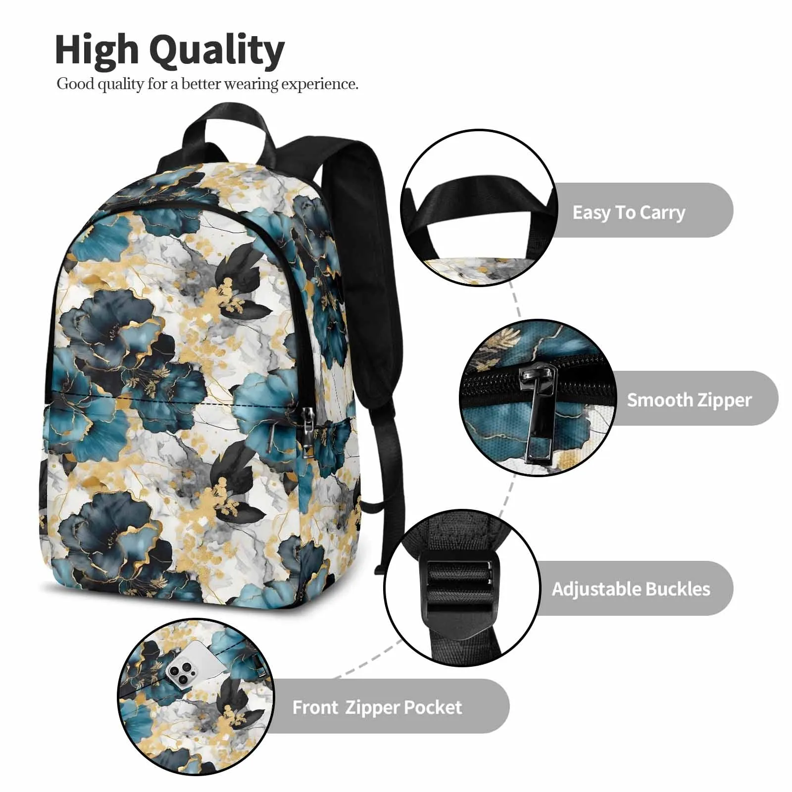 Blue & Gold Ink Floral  Adult Casual Backpack