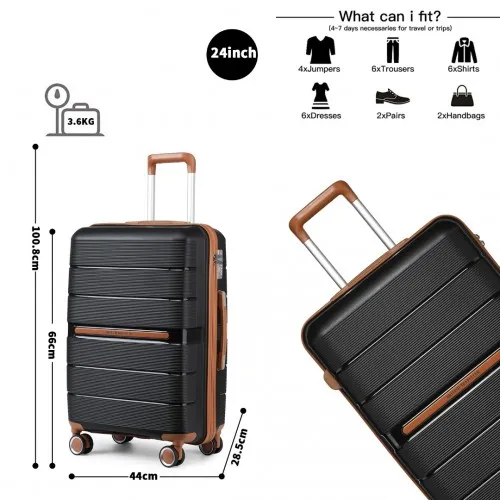 British Traveller 24-Inch Polypropylene Hard Shell Suitcase with TSA Lock - Durable & Stylish Black Luggage