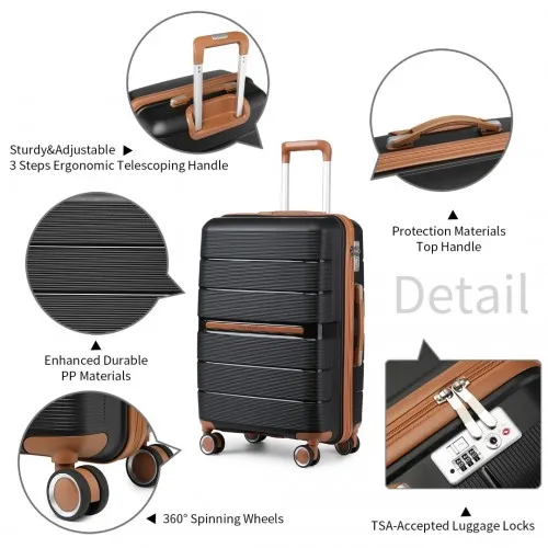 British Traveller 24-Inch Polypropylene Hard Shell Suitcase with TSA Lock - Durable & Stylish Black Luggage