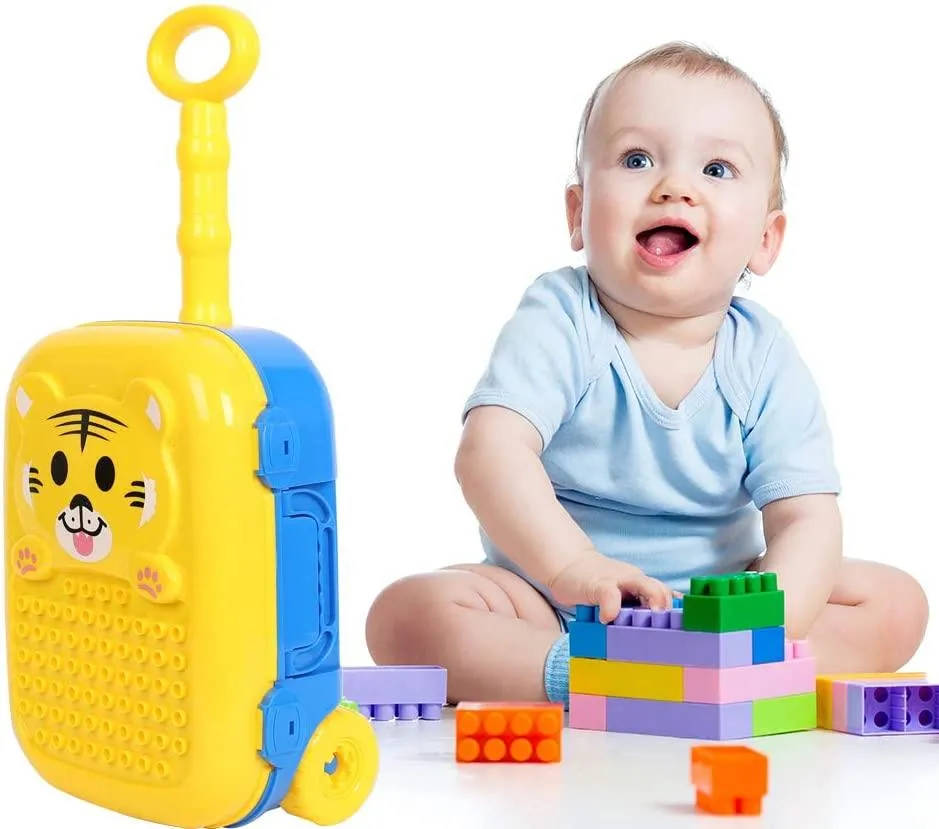 DIY Educational Blocks Baby Travel Case Plastic Rolling Luggage for Toddler