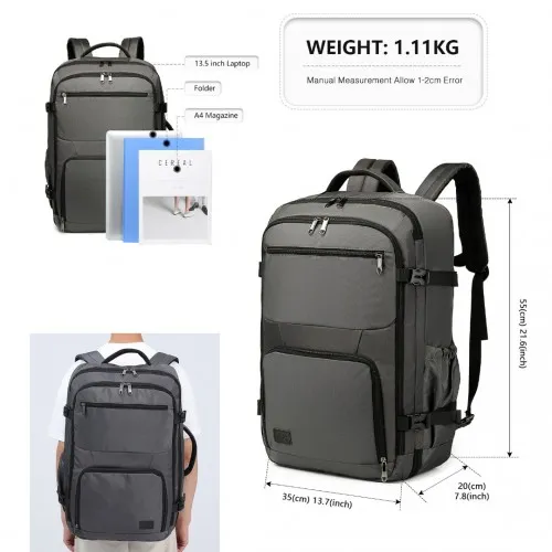 EM2207 Kono Multifunctional Portable Travel Backpack Cabin Luggage Bag - Grey: Versatile & Stylish Travel Companion