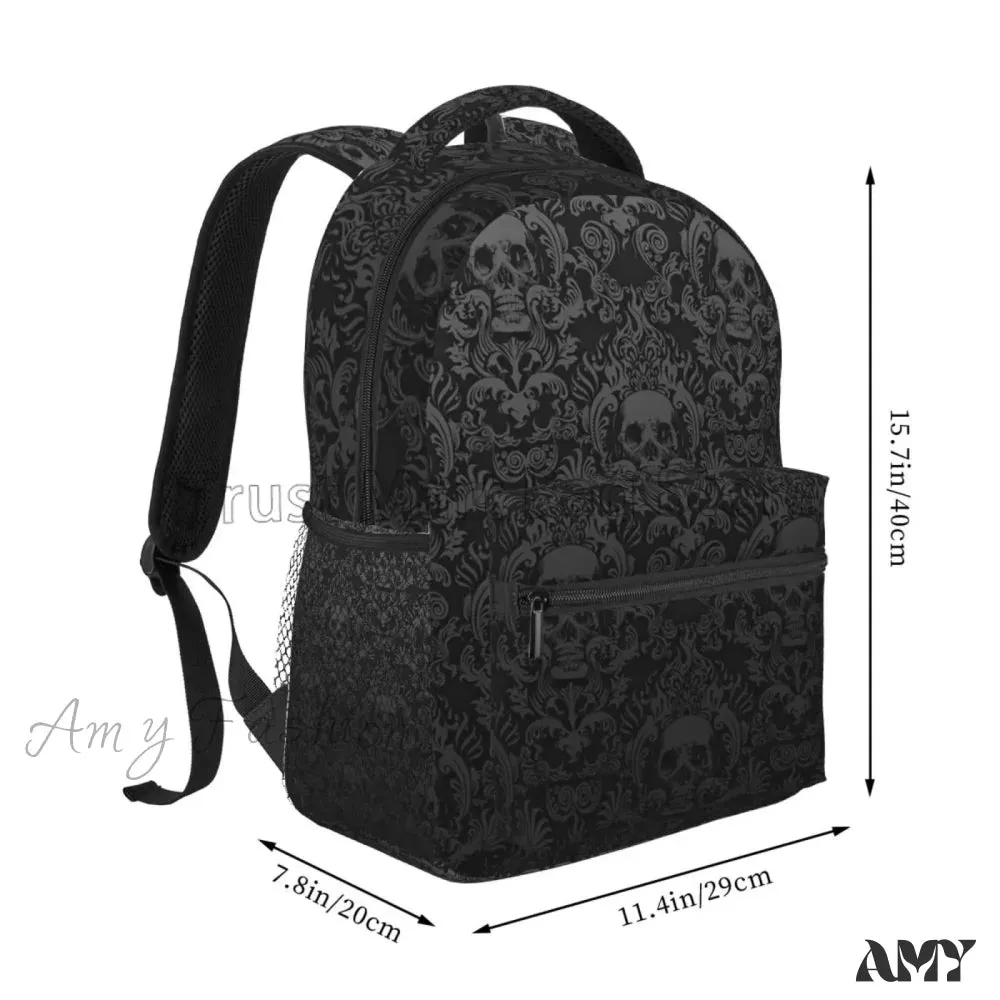 Goth Unisex Daypack Casual Pattern Bag Skull Damask Travel Black