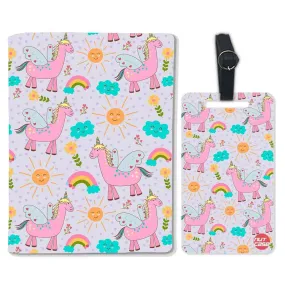 Kids Designer Travel Passport Holder with Single Luggage Tag - Pink Unicorn