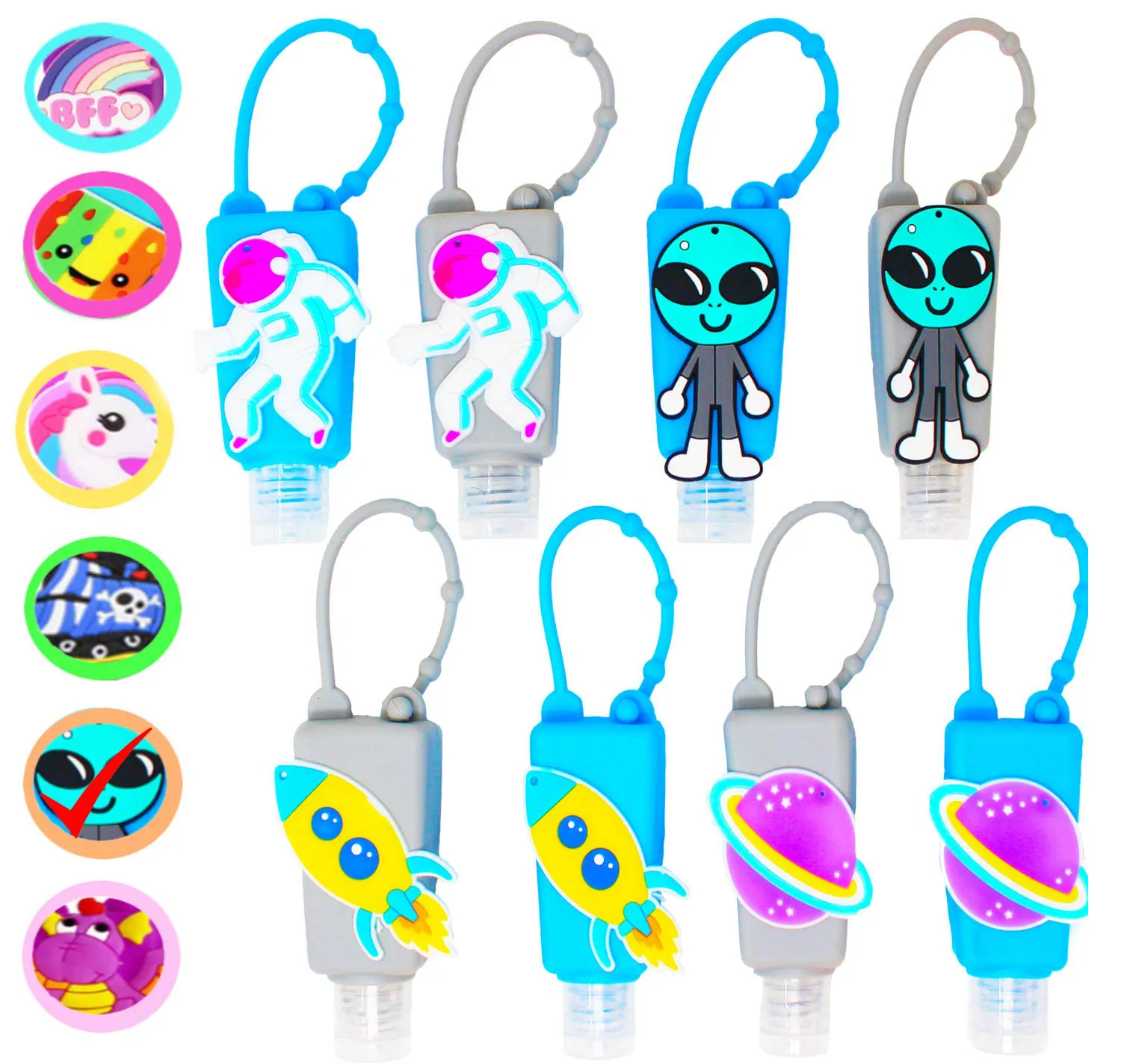 KINIA 8 Pack Empty SPACE Kids Hand Sanitizer Travel Size Holder Keychain Carriers, 8-1 Fl Oz Flip Cap Reusable Portable Empty Bottles (8-Variety Pack SPACE)