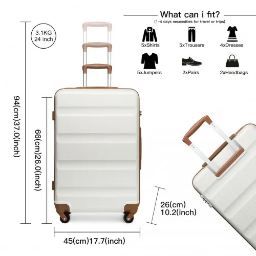 Kono 24 Inch Check-in Luggage - Streamlined ABS Hardshell Suitcase with TSA Lock - Cream