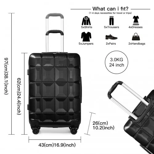 Kono 24 Inch Lightweight Hard Shell ABS Suitcase With TSA Lock - Black | Stylish & Secure Travel Companion