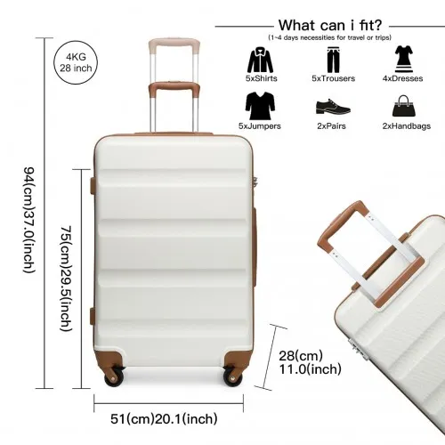 Kono 28 Inch Check-in Luggage - Durable ABS Hardshell Suitcase with TSA Lock - Cream