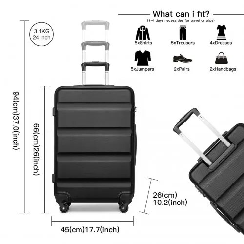 Kono 3-Piece Lightweight ABS Hardshell Suitcase Set with Secure TSA Lock - 19, 24, 28 Inch - Black