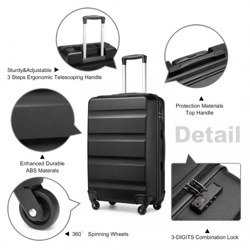 Kono 3-Piece Lightweight ABS Hardshell Suitcase Set with Secure TSA Lock - 19, 24, 28 Inch - Black