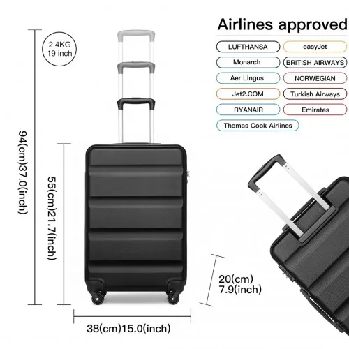 Kono 3-Piece Lightweight ABS Hardshell Suitcase Set with Secure TSA Lock - 19, 24, 28 Inch - Black