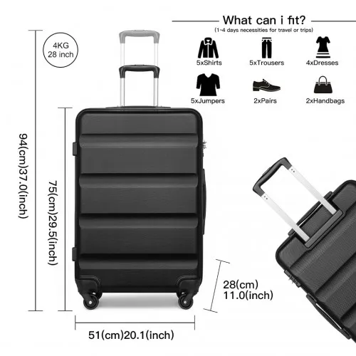 Kono 3-Piece Lightweight ABS Hardshell Suitcase Set with Secure TSA Lock - 19, 24, 28 Inch - Black