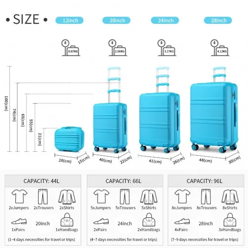 Kono 4 Piece ABS Luggage Set with Vanity Case - Durable & Stylish Travel Suitcases - Blue