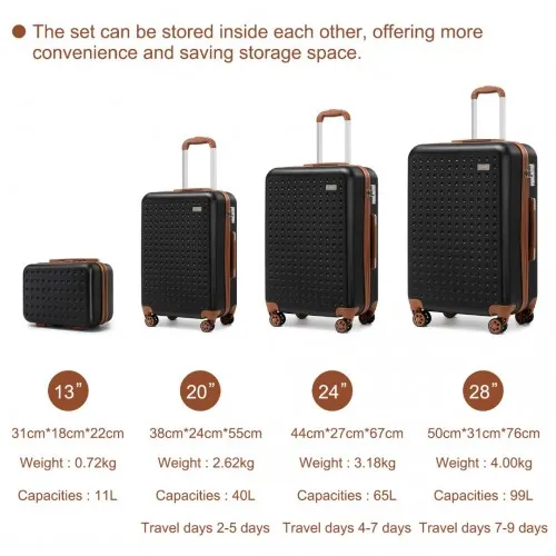 Kono 4-Piece Flexible Hard Shell ABS Suitcase Set with TSA Lock and Vanity Case - Black