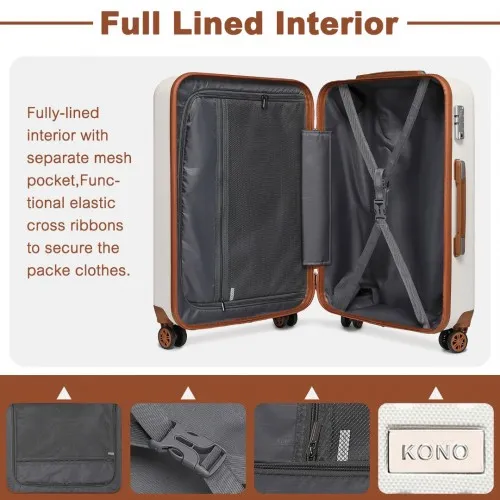 Kono 4 Piece Travel Luggage Set - Durable ABS Hard Shell, TSA Lock, Cream