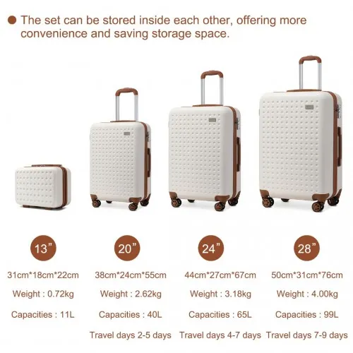 Kono 4 Piece Travel Luggage Set - Durable ABS Hard Shell, TSA Lock, Cream