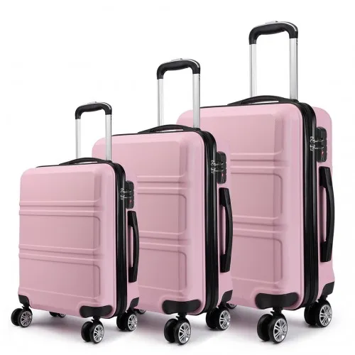 Kono ABS 3 Piece Sculpted Horizontal Suitcase Set - Pink | Durable & Stylish Luggage