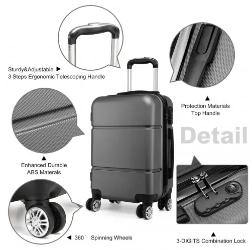 Kono Hard Shell ABS Carry On Suitcase 20 Inch - Grey | Light, Durable, Secure