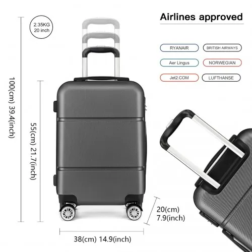 Kono Hard Shell ABS Carry On Suitcase 20 Inch - Grey | Light, Durable, Secure