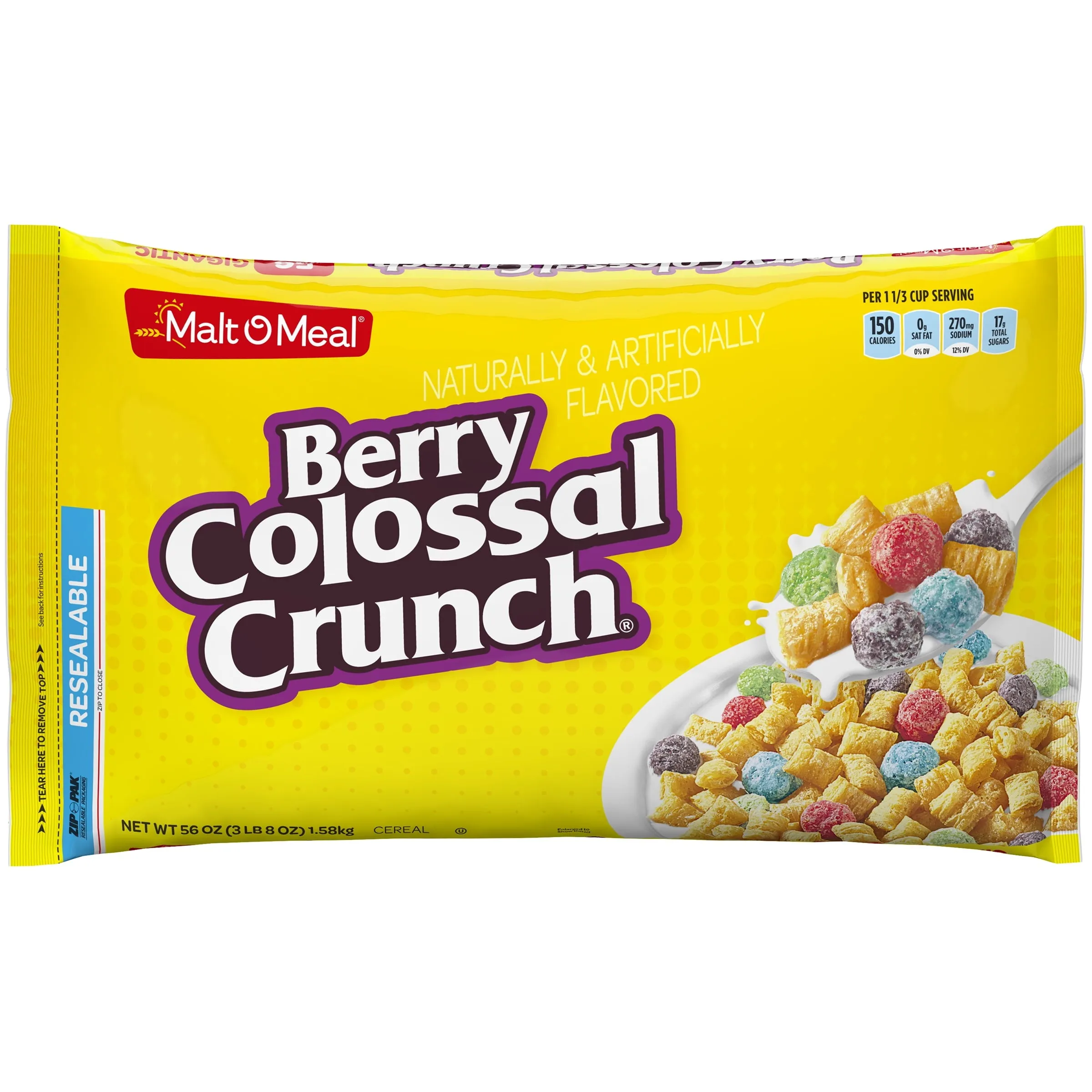 Malt-O-Meal Berry Colossal Crunch Breakfast Cereal, 56 oz Resealable Cereal Bag