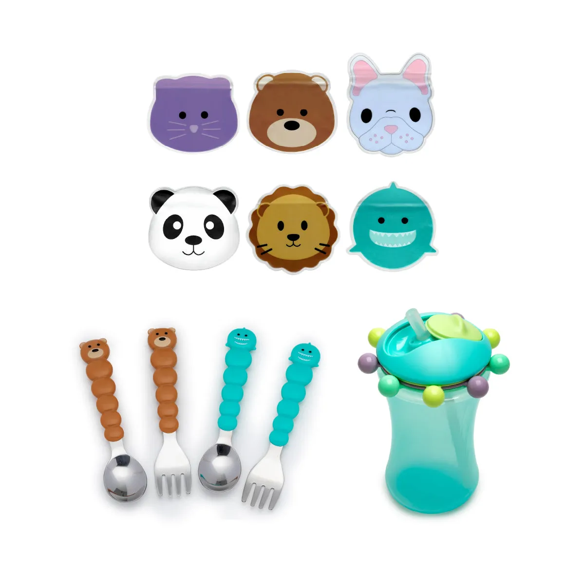 Melii Reusable Snack Bags with Zip Closure (Animals Design, 6 pcs), Spoons & Forks Set (Brown Bear & Turquoise Shark, 4 pcs), Abacus Straw Sippy Cup (Turquoise, 340 ml) - BPA Free, Durable, Fun Designs