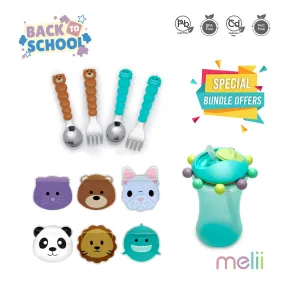 Melii Reusable Snack Bags with Zip Closure (Animals Design, 6 pcs), Spoons & Forks Set (Brown Bear & Turquoise Shark, 4 pcs), Abacus Straw Sippy Cup (Turquoise, 340 ml) - BPA Free, Durable, Fun Designs