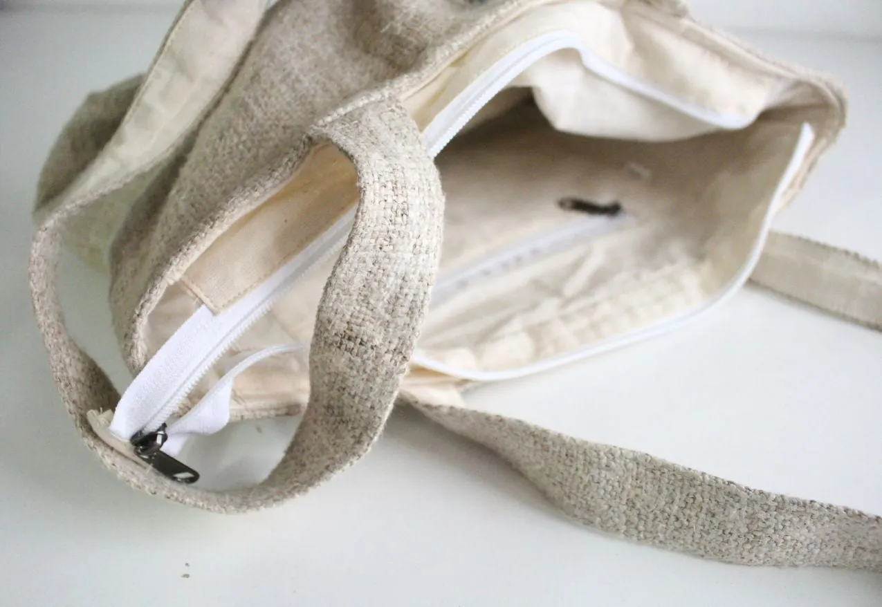 Natural Off-white Hemp Tote Bag Zipper Closure