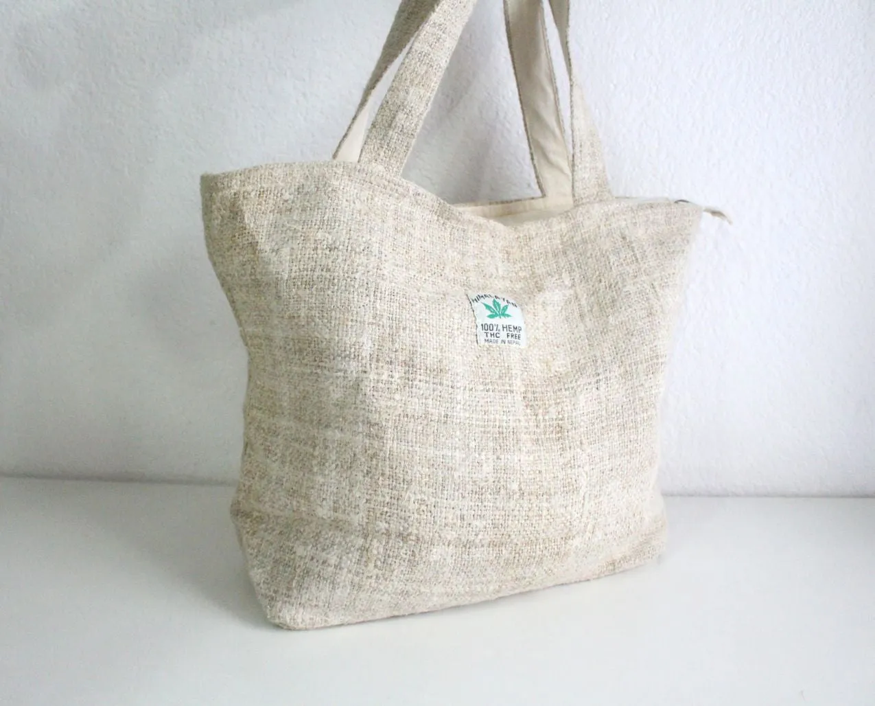 Natural Off-white Hemp Tote Bag Zipper Closure