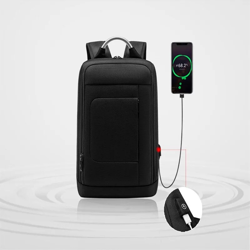 Slim Expandable Backpack for Men with USB Charging Port Black Business Slim Bag Waterproof Backpack