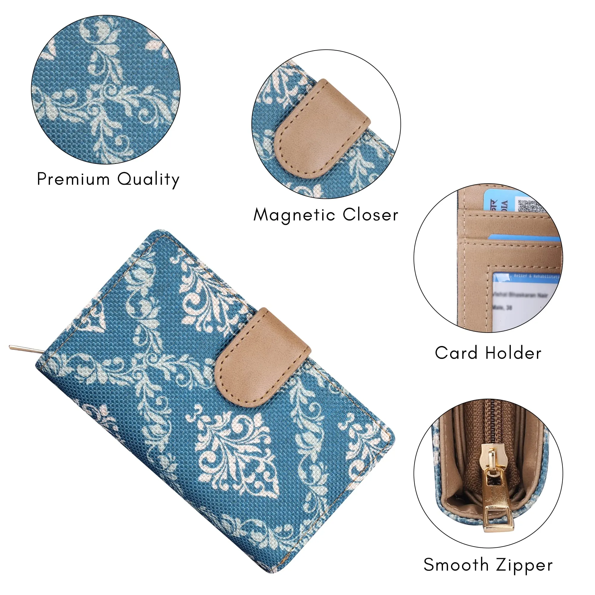 THE CLOWNFISH Fab Series Printed Handicraft Fabric & Vegan Leather Ladies Wallet Clutch Purse for Women Girls with Multiple Compartments (Blue)