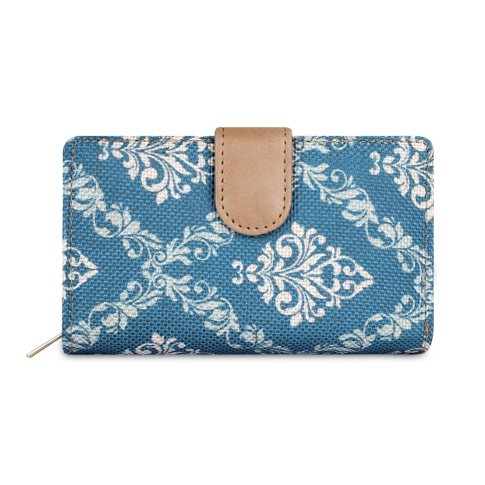 THE CLOWNFISH Fab Series Printed Handicraft Fabric & Vegan Leather Ladies Wallet Clutch Purse for Women Girls with Multiple Compartments (Blue)