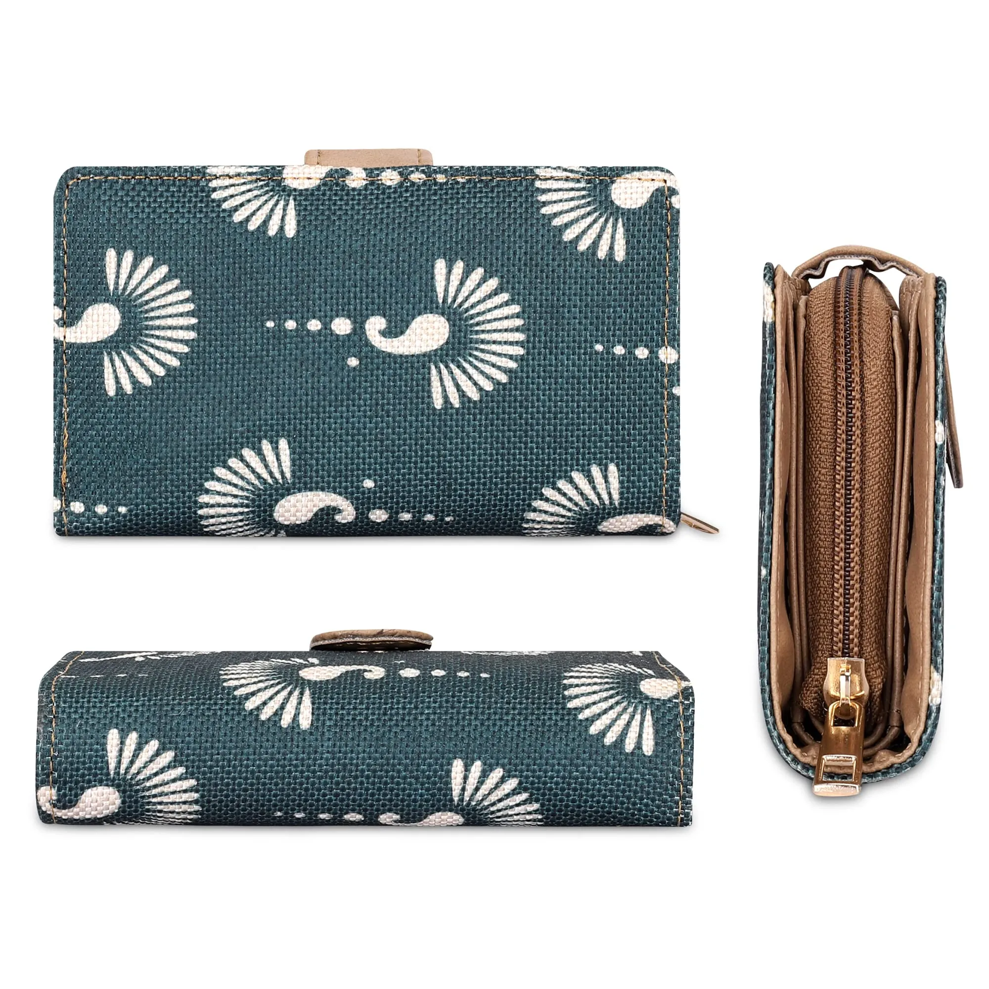 THE CLOWNFISH Fab Series Printed Handicraft Fabric & Vegan Leather Ladies Wallet Clutch Purse for Women Girls with Multiple Compartments (Bottle Green)