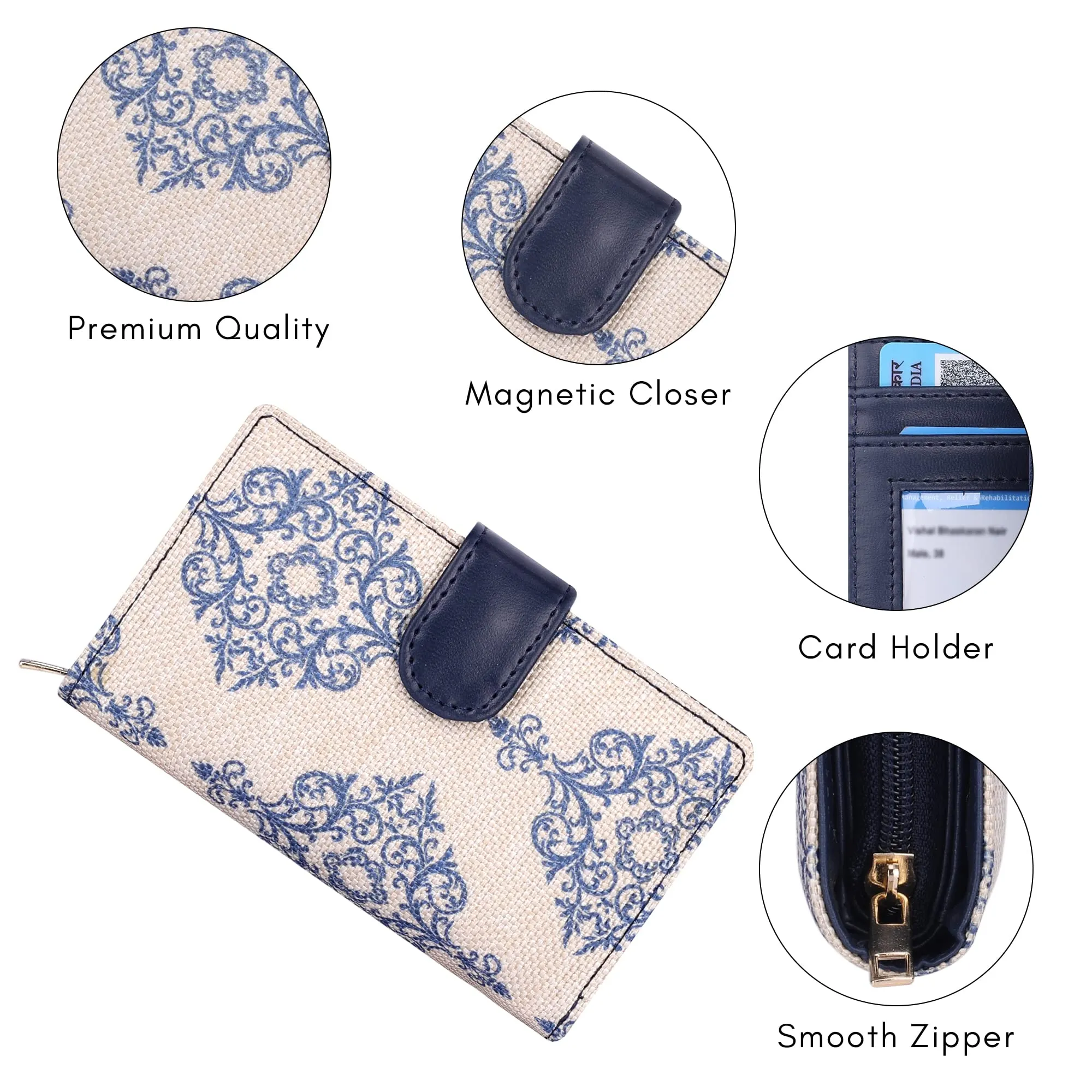 THE CLOWNFISH Fab Series Printed Handicraft Fabric & Vegan Leather Ladies Wallet Clutch Purse for Women Girls with Multiple Compartments (Off White)