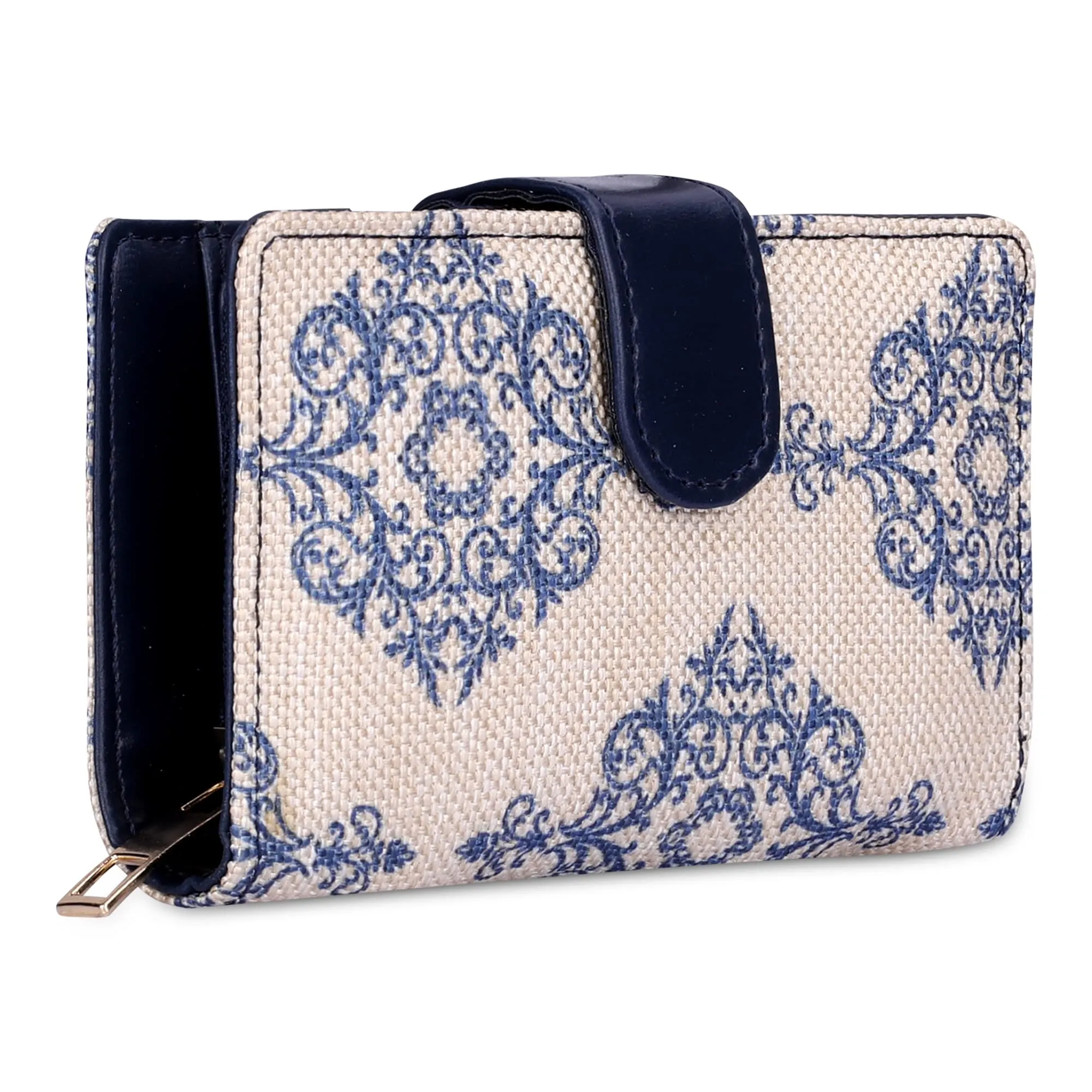 THE CLOWNFISH Fab Series Printed Handicraft Fabric & Vegan Leather Ladies Wallet Clutch Purse for Women Girls with Multiple Compartments (Off White)