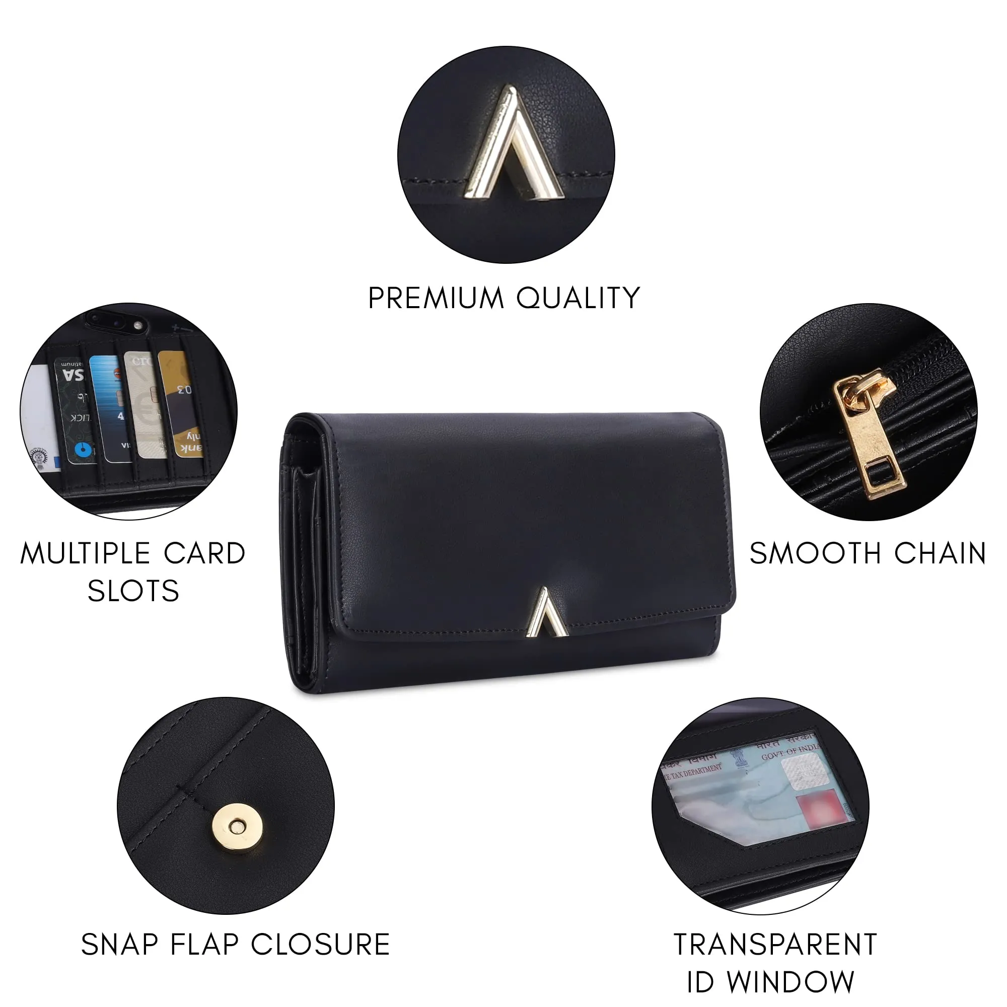 THE CLOWNFISH FashionFinesse Collection Faux Leather Bi-Fold Womens Wallet Clutch Ladies Purse with Multiple Card Slots (Black)