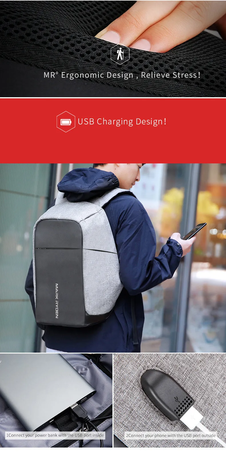 USB Charger Laptop Multi-Function Travel Gray and Black Smart Backpack