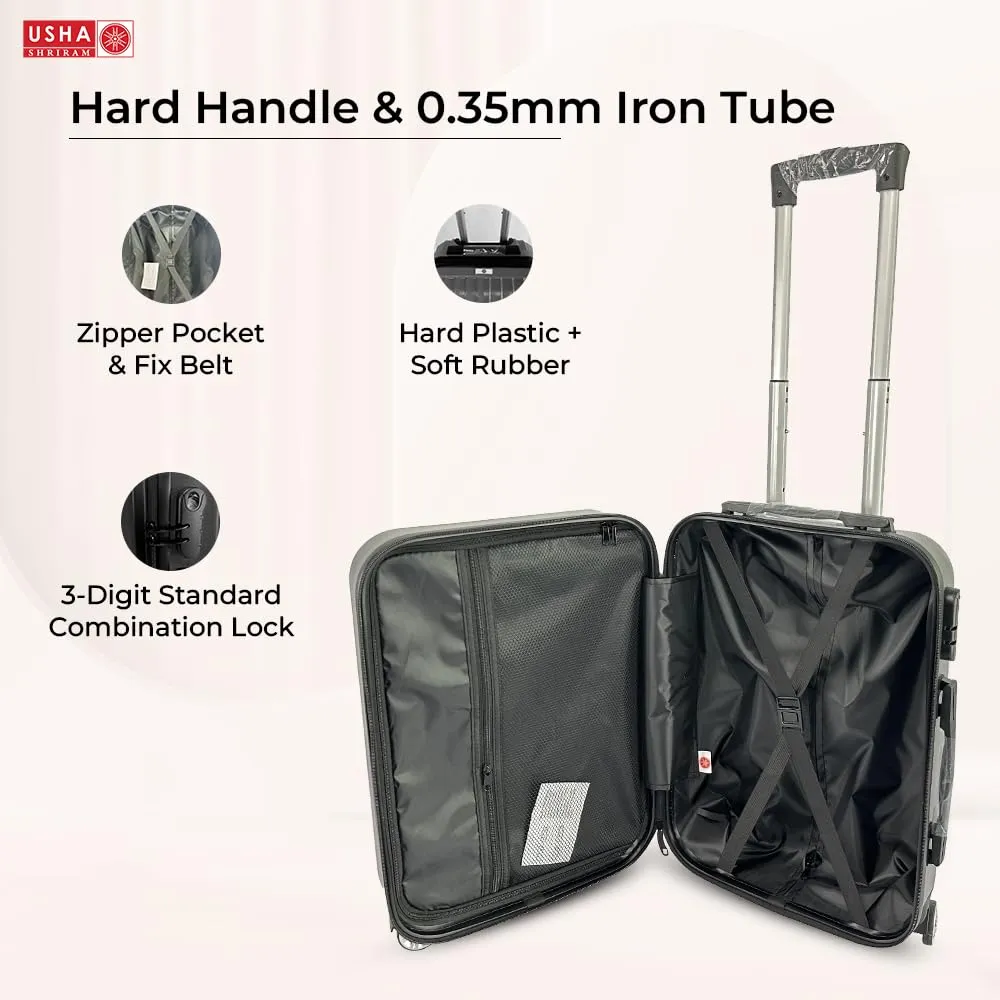 USHA SHRIRAM ABS (Cabin Bag) 20 inch Black Luggage Bag (55cm)|Trolley Suitcase for Travel | Travel Luggage for Men Women |360 Degree Wheel | Travel Bags for Luggage Trolley | Carry On Suitcase (Grey)