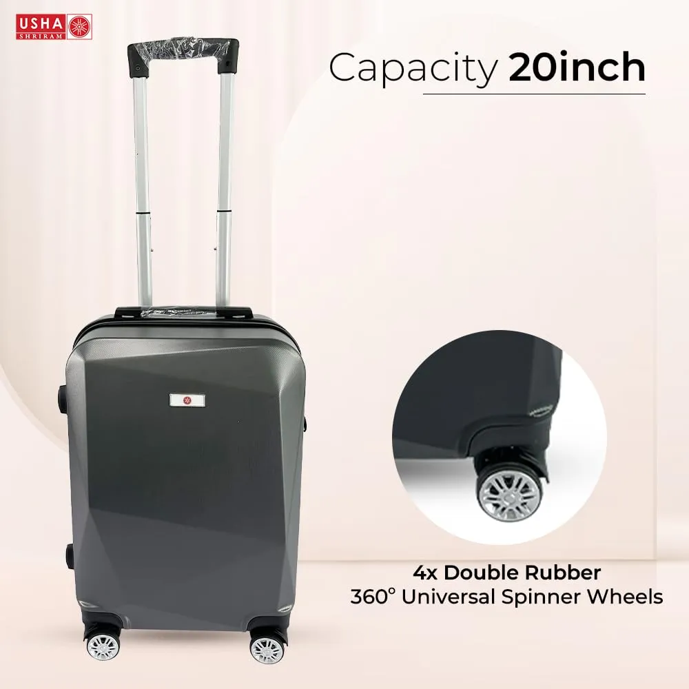 USHA SHRIRAM ABS (Cabin Bag) 20 inch Black Luggage Bag (55cm)|Trolley Suitcase for Travel | Travel Luggage for Men Women |360 Degree Wheel | Travel Bags for Luggage Trolley | Carry On Suitcase (Grey)