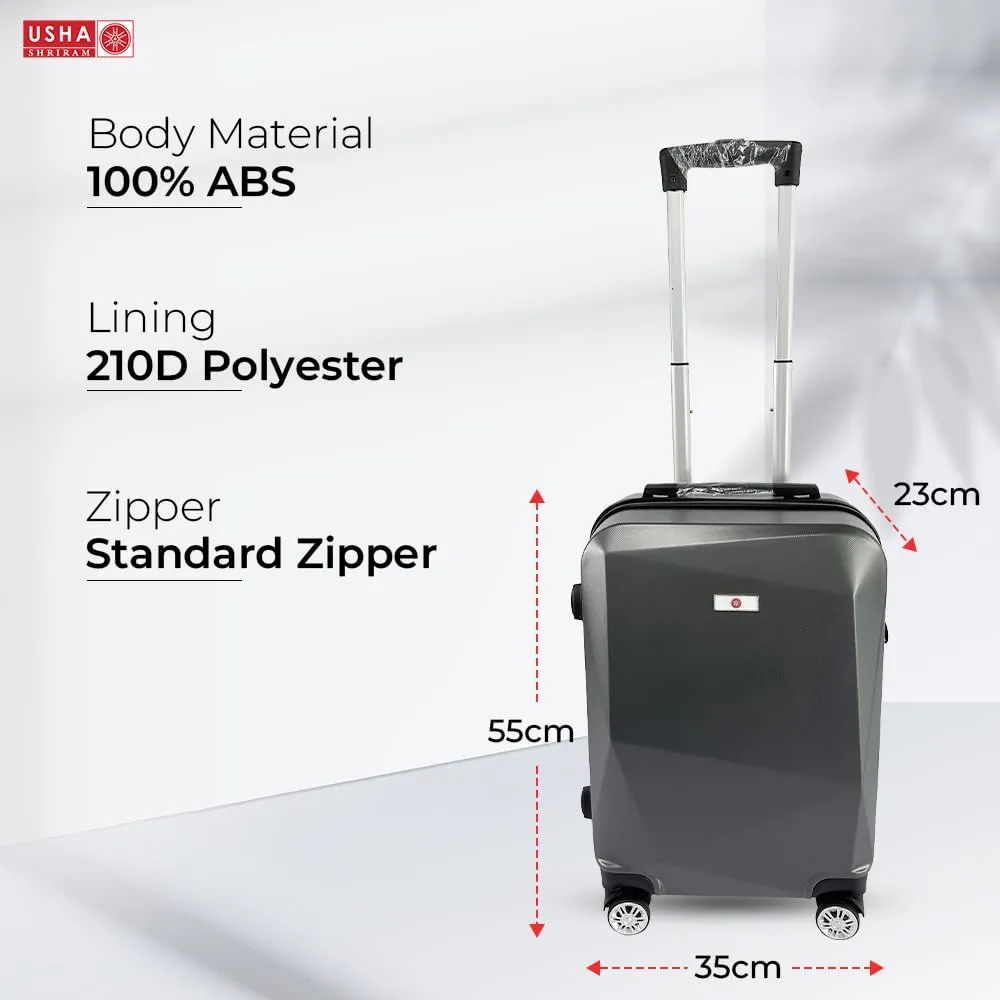 USHA SHRIRAM ABS (Cabin Bag) 20 inch Black Luggage Bag (55cm)|Trolley Suitcase for Travel | Travel Luggage for Men Women |360 Degree Wheel | Travel Bags for Luggage Trolley | Carry On Suitcase (Grey)