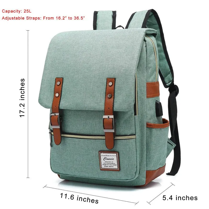 Vintage Laptop Backpack Unisex Oxford Waterproof Large Capacity Backpacks with USB Charging Port