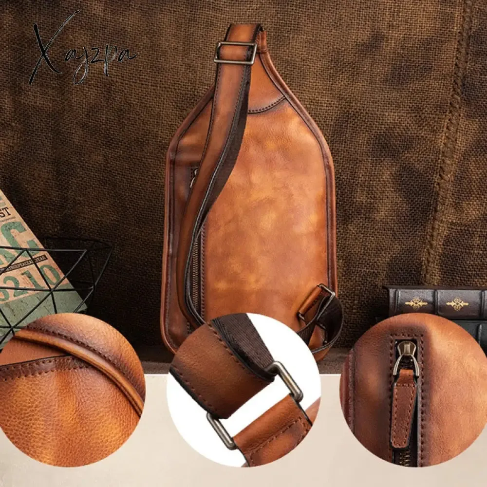 Xajzpa - Genuine Leather Sling Backpack Men Chest Cross body Bag Travel Retro Real Cowhide Messenger Single Side Bag Rucksack Knapsack